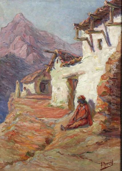 Gebirgslandschaft, Wohl In Algerien (kabylei), Im Vordergrund Bauernhaus Mit Rastender Frau - view 1