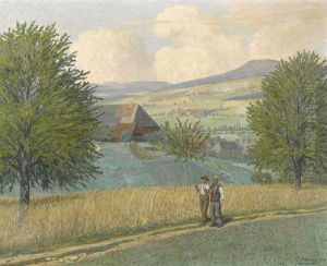 Bauern Auf Dem Feldweg Mit Geschulterten Sensen