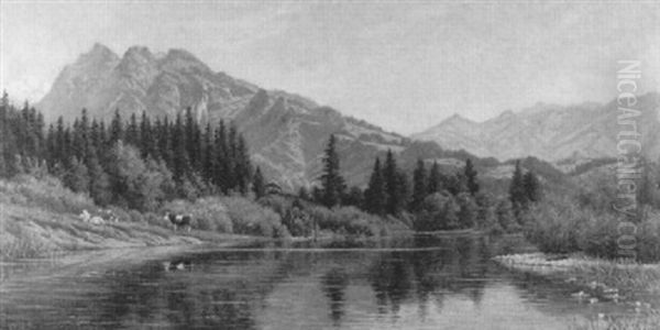 Berglandschaft Mit See Und Weidenden Kuhen - view 1