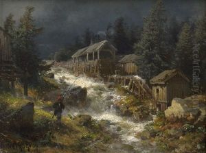 Wildbach Mit Alten Muhlhausern by Hermann Herzog
