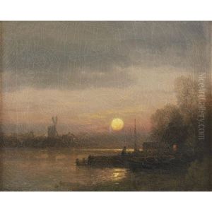 Sunset On A Holland Canal by Hermann Herzog