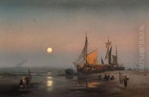 Fisherfolk On The Beach by Hermann Herzog