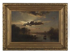 Sunset On A Florida Marshland With Cattle Grazing by Hermann Herzog
