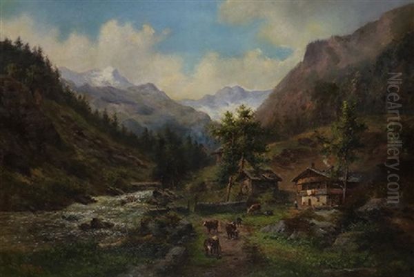 Mountain River Homestead With Figures And Cattle - view 1