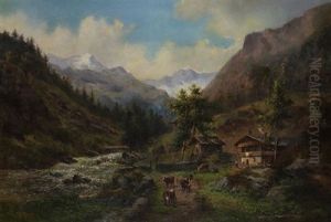 Mountain River Homestead With Figures And Cattle