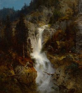 Waterfall With Mill by Hermann Herzog