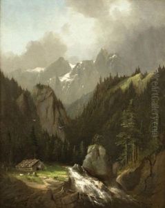Cabin In A Mountain Landscape by Hermann Herzog