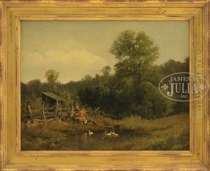 Figure And Cows In Landscape With Duck Pond by Hermann Herzog