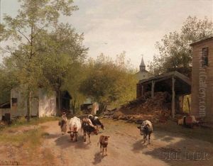 Early Morning On The Farm by Hermann Herzog
