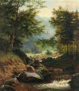 Deer By A Mountain Stream by Hermann Herzog