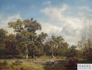 Bewaldete Landschaft Mit Kuhen Und Hirten