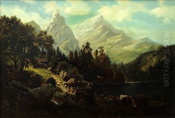 Mountain Vista With Homestead By A Lake - view 1