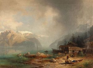 Fischer An Einem Gebirgssee Bei Aufziehendem Gewitter