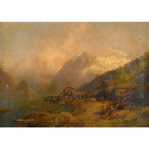 Alpine Valley With Figures And Chalets by Hermann Herzog