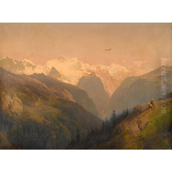 Alpine Landscape With Boy, Dog, And Eagle - view 1