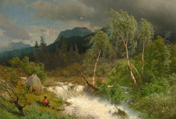 Alpenlandschaft Mit Angler Bei Einem Tosenden Gebirgsbach - view 1