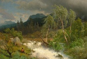 Alpenlandschaft Mit Angler Bei Einem Tosenden Gebirgsbach by Hermann Herzog
