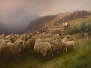 Hermann Herzog Oil Landscape With Sheep by Hermann Herzog