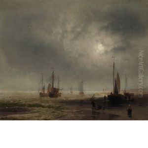 Seascape With Boats And Figures On A Beach by Hermann Herzog