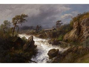 Cabin And Mill Beside A Raging River by Hermann Herzog