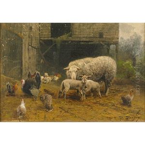 Sheep And Chicken In A Barnyard by Hermann Herzog