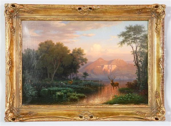 Landscape With Forest And Mountains, Lake And Deer - view 1