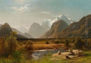 Harvesting Hay In The Valley Of Jungfrau, Switzerland by Hermann Herzog
