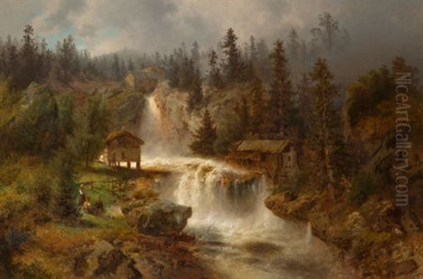 Figures Before A Mill In A Mountainous River Landscape (at The Mill Falls) - view 1