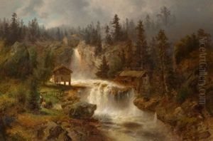 Figures Before A Mill In A Mountainous River Landscape (at The Mill Falls) by Hermann Herzog