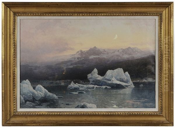 Icebergs At Dusk, With Fire On An Arctic Mountain - view 1