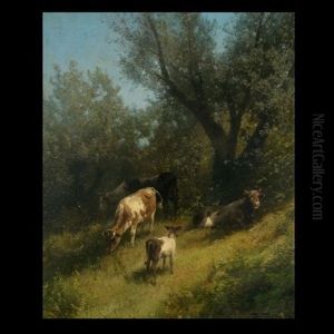 Cows Gracing In A Wooded Landscape by Hermann Herzog