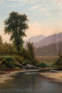 Landscape With Foreground Stream And Distant Mountains by Hermann Herzog