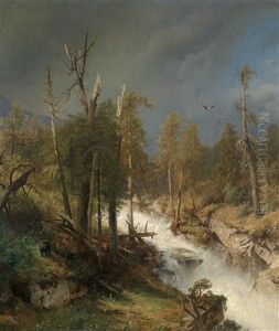 Wasserfall Im Gebirge, Links Ein Bar by Hermann Herzog
