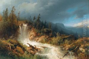 Wilde Gebirgslandschaft Mit Wasserfall Und Jager by Hermann Herzog