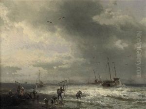 Fishermen On The Beach by Hermann Herzog
