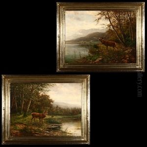 A Stag Near A Lake (+ A Stag Near A Lake; 2 Works) by Hermann Herzog