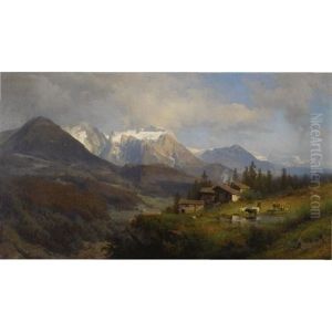 An Alpine Village by Hermann Herzog