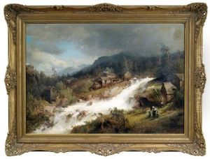 Gebirgslandschaft Mit Muhlen An Einem Wasserfall