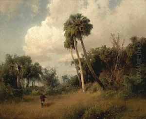 A Hunter Among Windswept Palms And Passing Clouds by Hermann Herzog