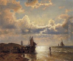 Abend An Der Kuste. Am Strand Fischer Bei Ihren Booten by Hermann Herzog