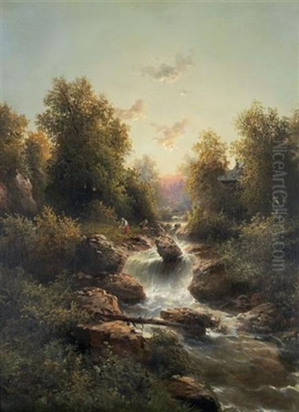Country Cottage And Figures Before Rushing Water - view 1