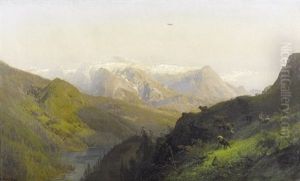 Sommerliche Gebirgslandschaft Mit Figurenstaffage by Hermann Herzog