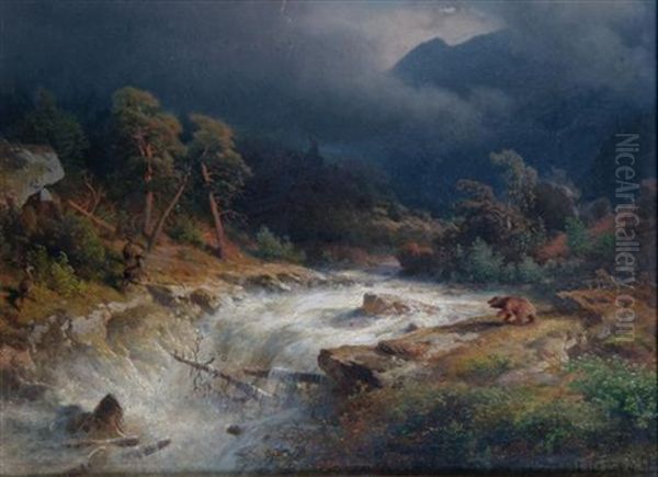 Rocky Mountain Landscape With Deer Frightened By A Bear by Hermann Herzog