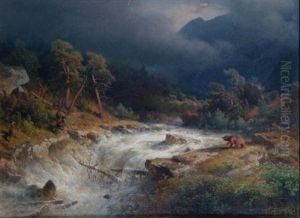 Rocky Mountain Landscape With Deer Frightened By A Bear