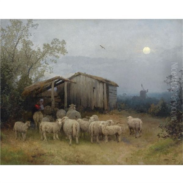 A Shepherd And His Flock By A Shed - view 1