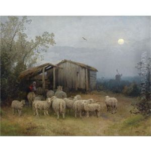 A Shepherd And His Flock By A Shed
