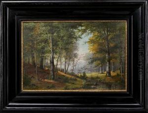 A Woodland Interior With Deer On The Riverbank by Hermann Herzog