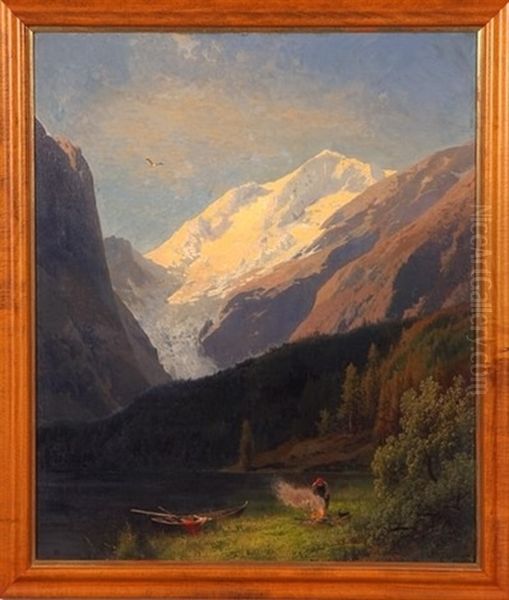 Valley Landscape With Mountains In Distance And Boater Along River - view 1