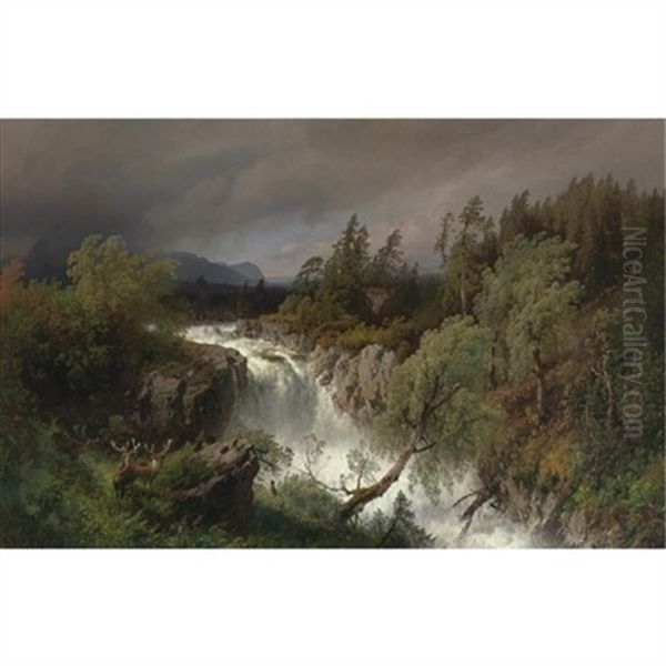 Bucks By A Rushing Waterfall - view 1