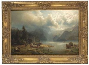 Wolkenverhangene Fjordlandschaft. Am Ufer Praparieren Fischer Ihre Boote by Hermann Herzog